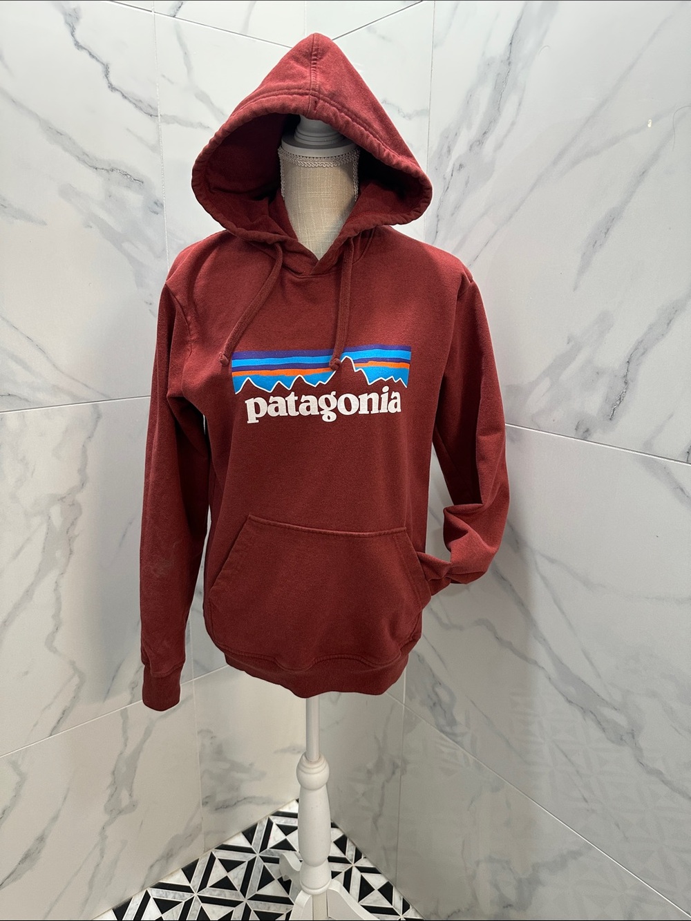 Patagonia Burgundy Pullover Hoodie with Blue Logo Stripes